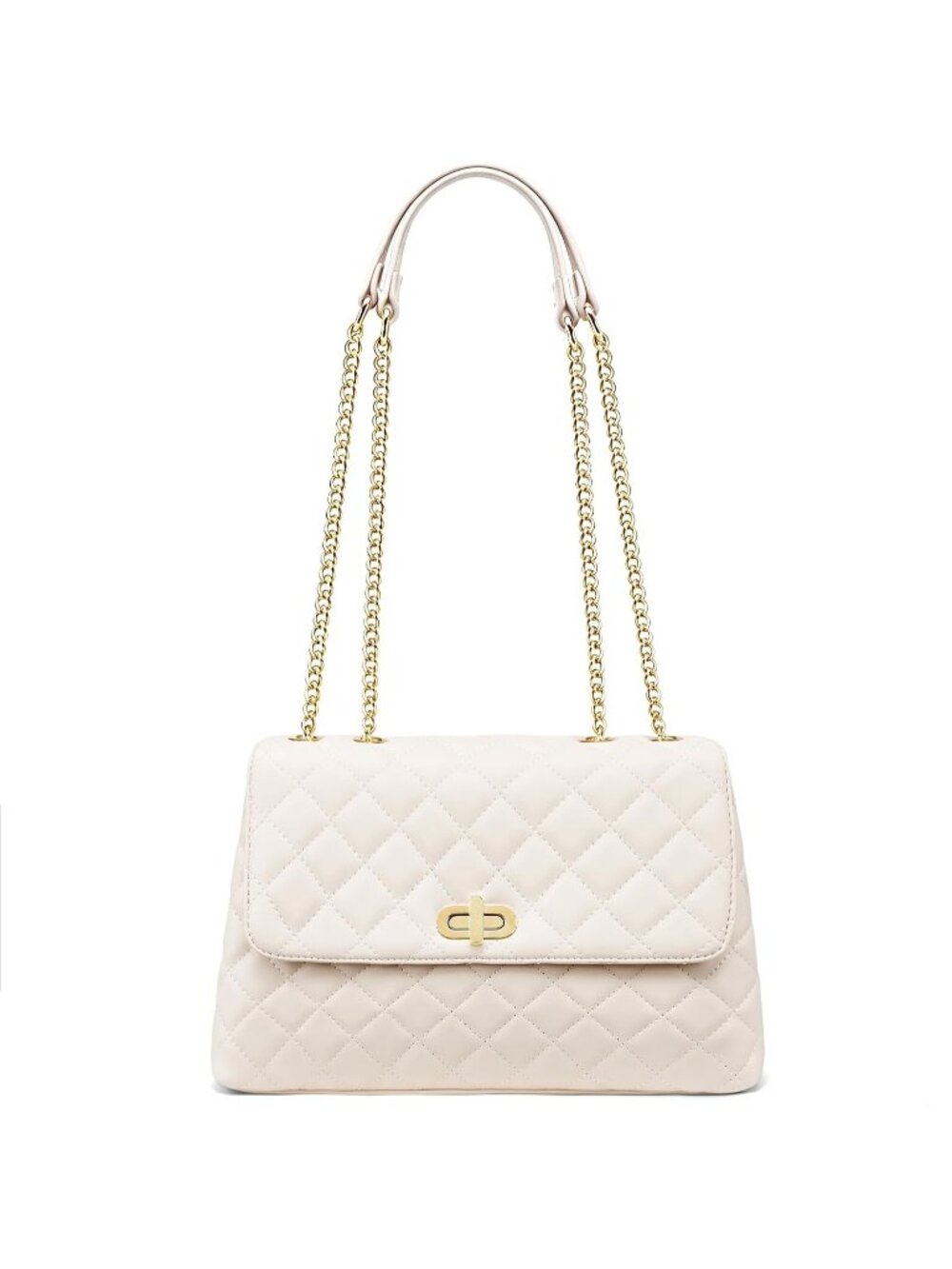 Women's Beige Quilted Leather Shoulder Purse Chain Strap Crossbody Bag